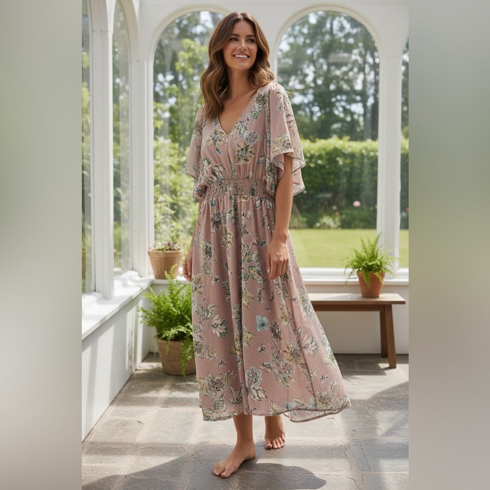 Suzanne Betro Women's Floral V-Neck Flutter Sleeve Maxi Dress - Dusty Rose